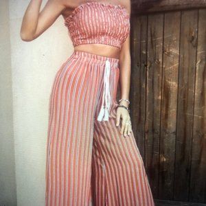 Orange Striped Frill Trim Shirred Back Tube Top & Wide Leg Pants